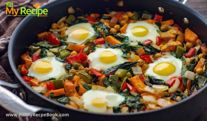 Healthy Breakfast Sweet Potato Hash. Love sweet potato’s add some vegetables with fried eggs, for a healthy vegetarian breakfast.