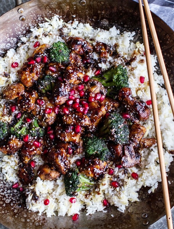 Pomegranate-sesame-chicken-ginger-rice-pilaf