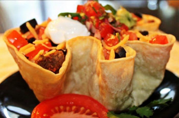 Fiesta-taco-salad-in-baked tortilla bowls