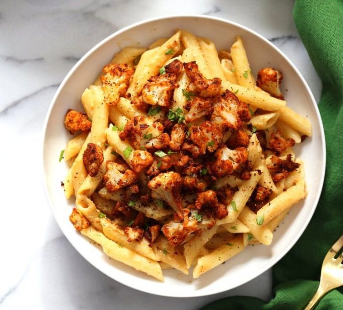 Vegan Garlic Pasta with Roasted Cajun Cauliflower. Cauliflower is tossed in homemade Cajun spice blend and baked, then served over easy creamy Garlic sauce Penne Pasta. Vegan Garlic Pasta Recipe. Can be Nut-free gluten-free. 