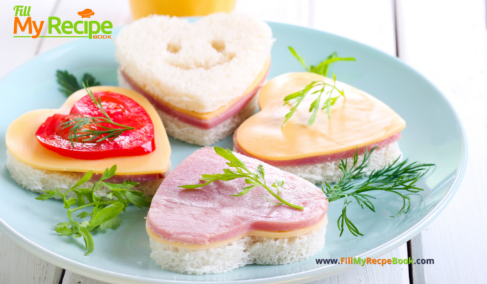 Easy Heart Sandwiches recipe idea. Fun shaped bites children can help prepare for snack boards, picnics, or casual meals.