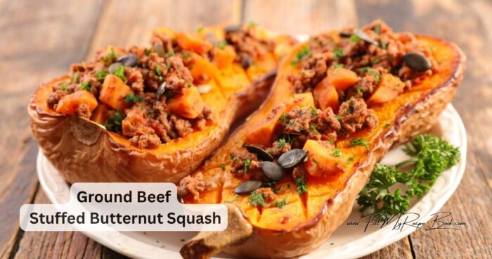 Enjoy this easy Ground Beef Stuffed Butternut Squash recipe. A cozy, flavorful dinner filled with seasoned beef, and veggies.