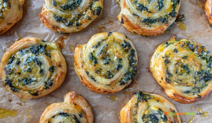 Easy Creamy Spinach Rollups or pinwheels with puff pastry recipe idea. An easy to make appetizer or snack for seasonal events or parties, a no yeast dough.