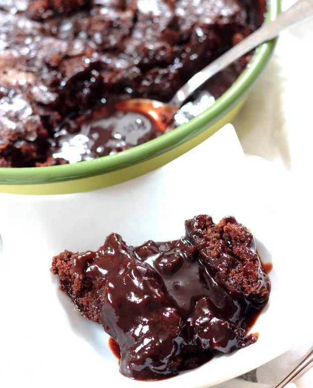 This vegan self-saucing chocolate pudding has a lovely moist, cakey, almost brownie-like, top part, with a rich velvety sauce hidden underneath.
