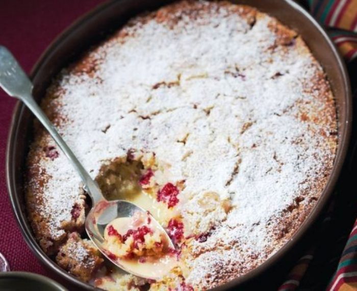 Lemonade is the secret ingredient in this incredibly moist white chocolate dessert with juicy raspberries.