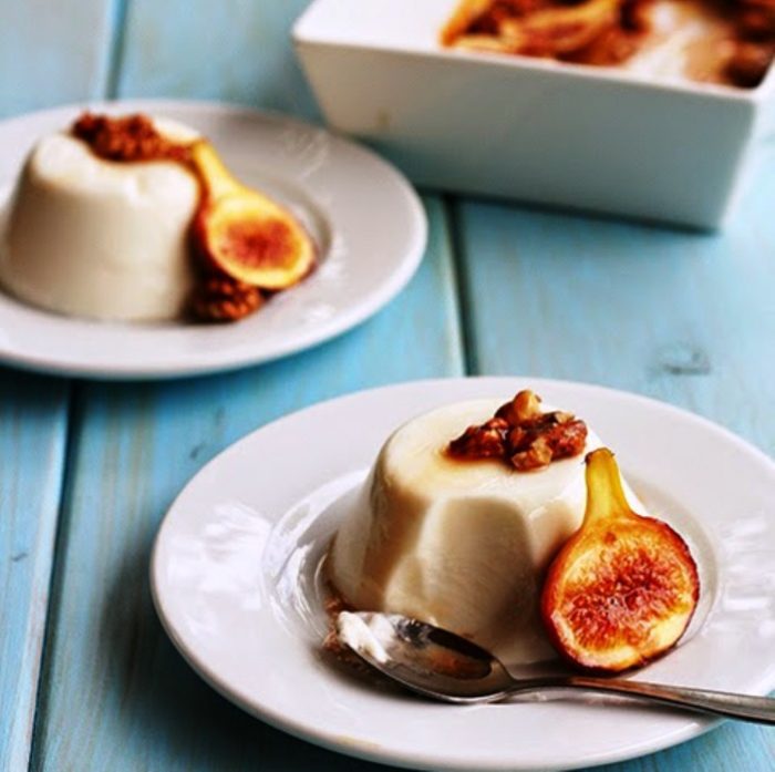 Greek yogurt panna cotta, and baked figs with honey and walnuts.