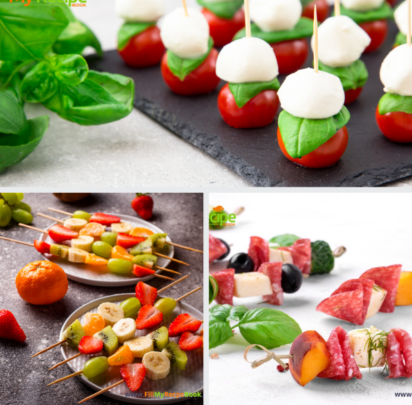 Amazing Skewer Appetizers Recipes ideas. Easy cold mini kabob finger foods on a stick, fruit and cold meats, made ahead party bites starters.