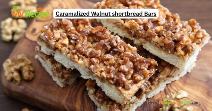 A Caramalized Walnut shortbread Bars recipe idea. Healthy and easy recipe bars for snacks or treats with nuts for a dessert.