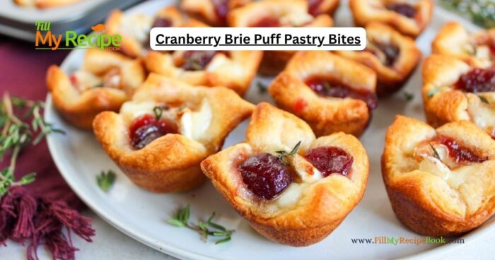The most delicious mini Cranberry Brie Puff Pastry Bites appetizer recipe idea. Simple to make ahead for a sweet and savory holiday snack.