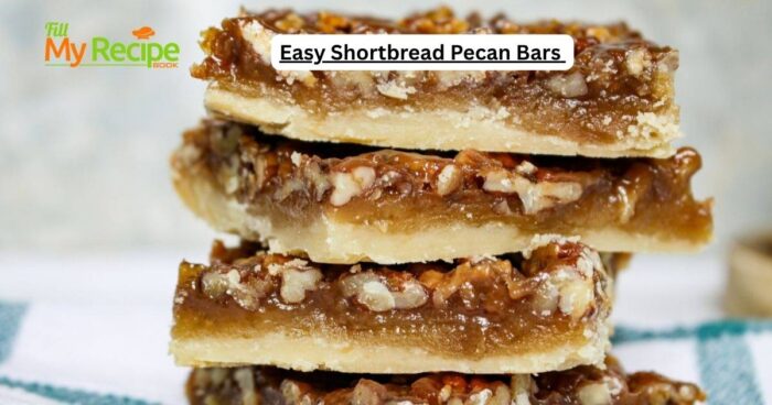 Easy Shortbread Pecan Bars recipe. A shortbread crust topped with pecan nuts, honey, cream and brown sugar for a healthy snack bar.