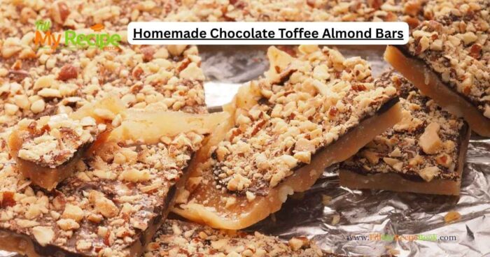 Homemade Chocolate Toffee Almond Bars on a shortbread base recipe. An easy candy topped cookie bar that taste like toffee, with nuts for snacks.