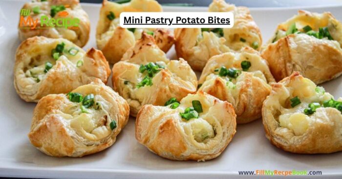 Mini Pastry Potato Bites recipe idea for an appetizer. Holidays or work parties warm savory oven bake pastry snacks with cheese and bacon. Potato is a vegetable right.