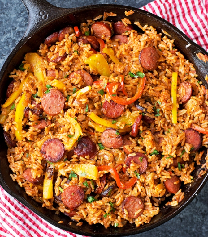Sausage-pepper-and-rice-skillet