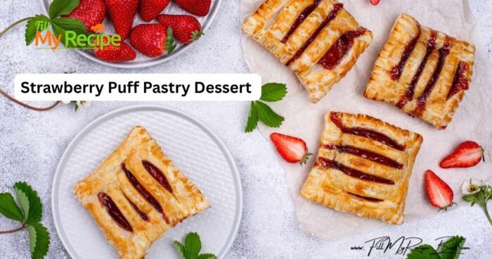 Strawberry Puff Pastry Dessert recipe idea. Quick and easy sweet homemade jam pastry 3 ingredient tart to Oven bake for tea time.