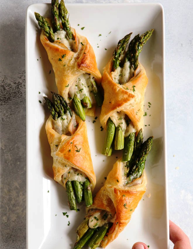 I love these little bundles of springtime— asparagus, pancetta, and parmesan cheese wrapped in flaky puff pastry.