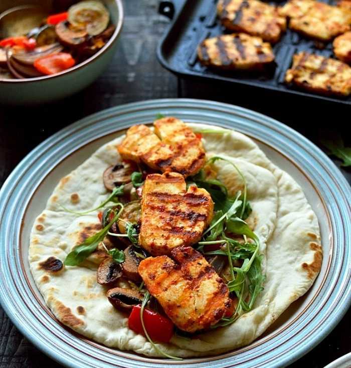 Harissa-halloumi-roasted-vegetable-wraps-sweet-potato-wedges