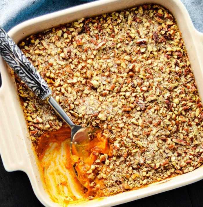 This Healthy Sweet Potato Casserole recipe is a delicious Thanksgiving side dish! It's only sweetened with applesauce and is paleo, vegan, gluten-free, dairy-free & sugar free.