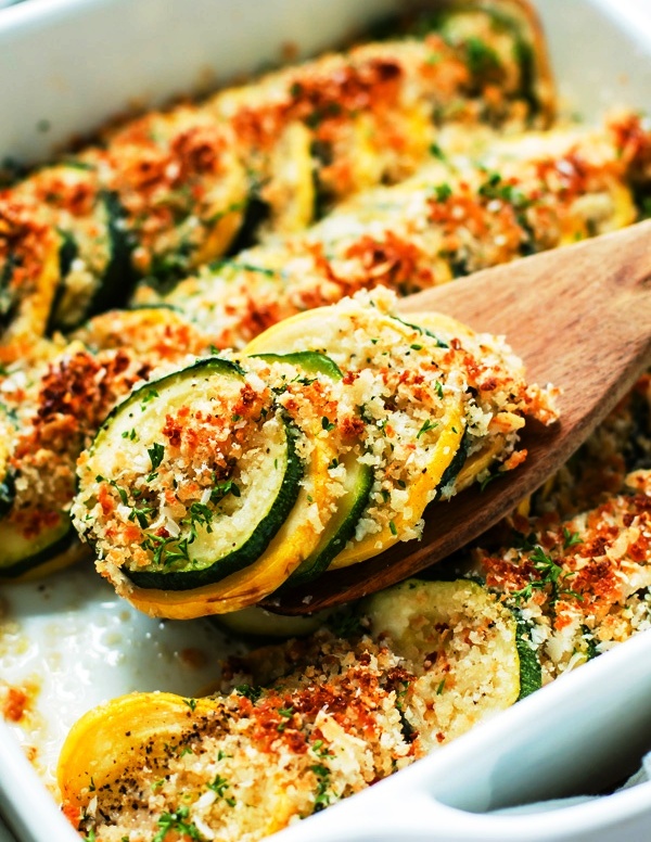 Healthy, simple, and fabulous, this Zucchini and Squash Casserole is the best healthy recipe for summer squash! Yellow squash and zucchini are baked in the oven to perfection with a crispy crust made from Parmesan cheese and breadcrumbs.