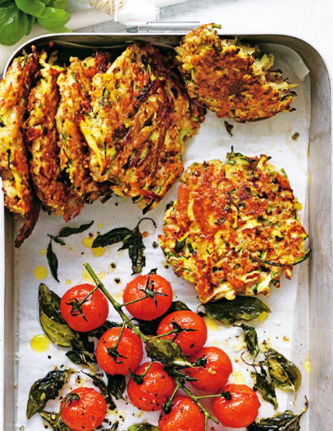 Zucchini-and-haloumi-fritters-with-roasted-tomatoes