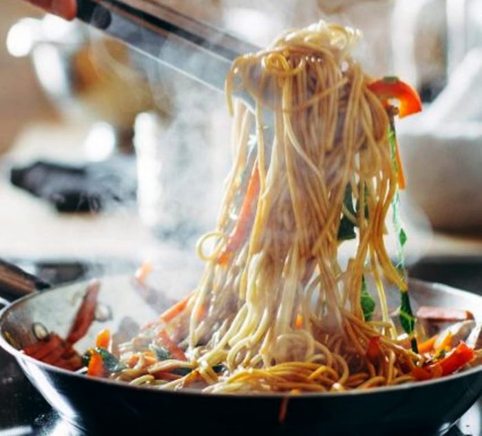 15 Minute Lo Mein! Made with just soy sauce, sesame oil, a pinch of sugar, ramen noodles or spaghetti noodles, and any veggies or protein you like.
