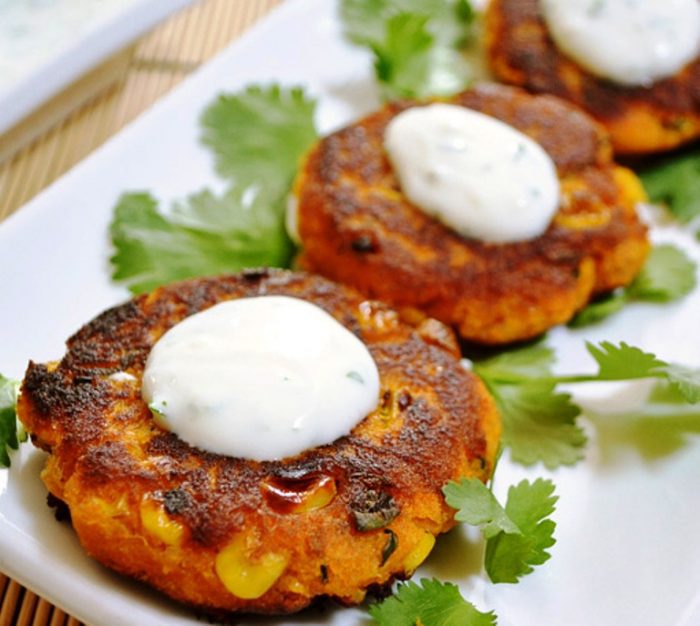 Sweet-potato-corn-cakes-with-garlic-dipping-sauce