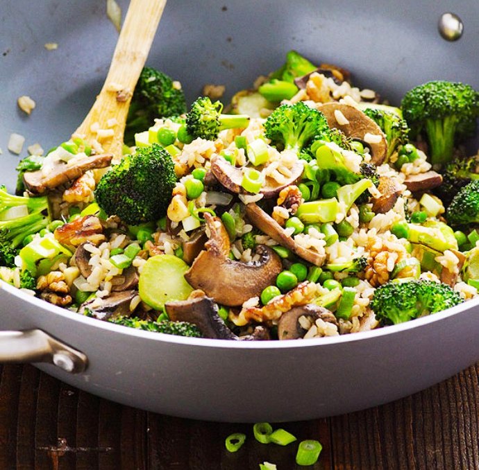 It’s my version of broccoli mushroom stir fry with tons and tons of green veggies and nuts. I was going to say it is vegetarian but I just realized it’s vegan.