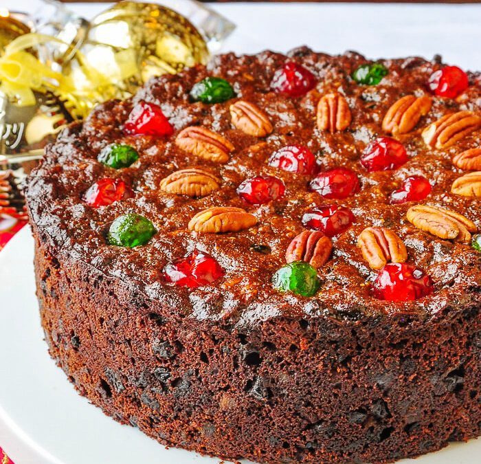 Dark and moist with plenty of spices and packed with plenty of sweet glacé fruit. It’s been a Christmas tradition in my family for decades.