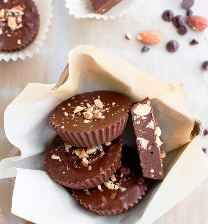 a 3-ingredient recipe for decadently rich almond butter fudge cups packed with almond crunch. Paleo, Vegan, Gluten Free, Dairy-Free.