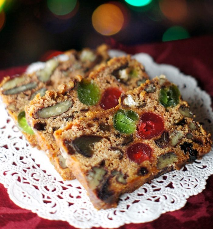 I love this fruitcake for three reasons – most importantly, it reminds me of my favorite grandmother-in-law, secondly, it has a lovely sweet flavor without the bitter bite of citrus rind that give most fruitcakes their bad name, and finally, it can be made vegan simply by using vegan margarine! This makes a big recipe for handing out to friends and family, so don’t be afraid to half or quarter it.