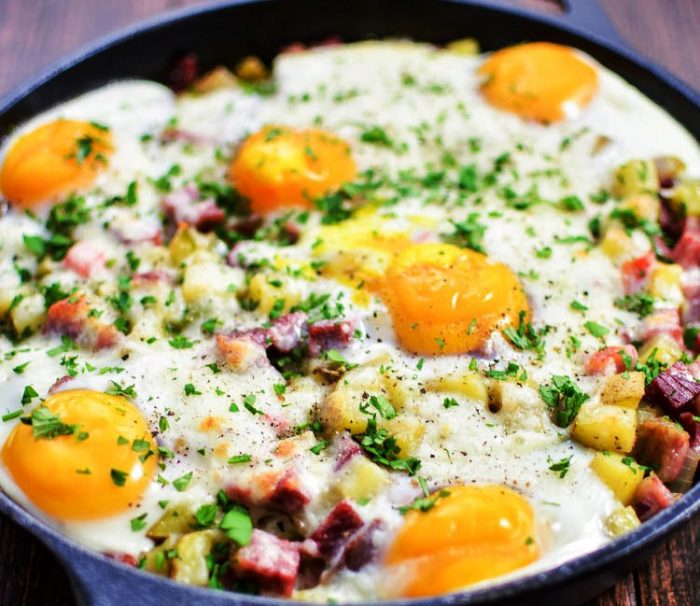 Corned-beef-hash-baked-eggs for Irish
