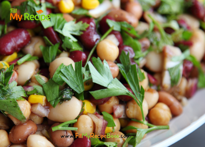 Three Bean Salad and sauce is such an easy dish to make. With onion, celery, and parsley mixed with the three different beans.