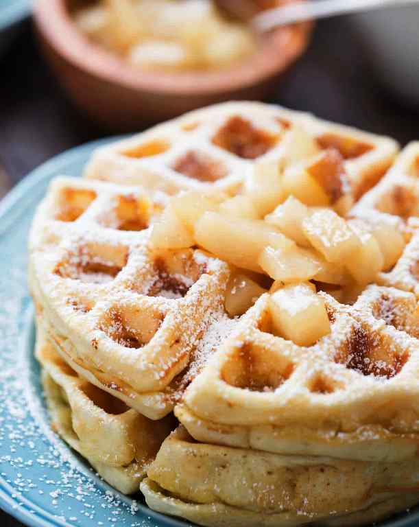 Browned butter makes homemade waffles taste gourmet. The deep rich flavor of the waffles is enhanced by the fragrant rum spiced pear topping.