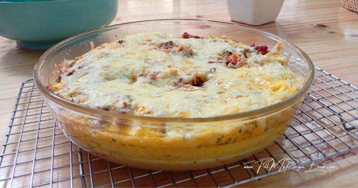 Crustless corned beef quiche recipe made with fried onions, mushrooms and sweet corn. An easy oven baked family meal for busy weeknights.