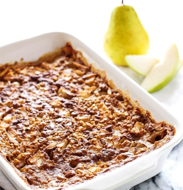 These chilly mornings also have me craving something warm when I return, like this Pear Almond Steel Cut Baked Oatmeal.