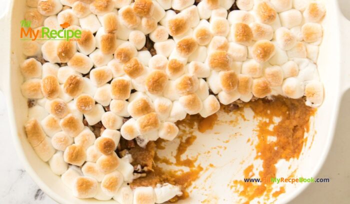 Sweet Potato Marshmallow Casserole Recipe idea. Easy Oven Baked mashed orange sweet potatoes with cinnamon and pecans dish.
