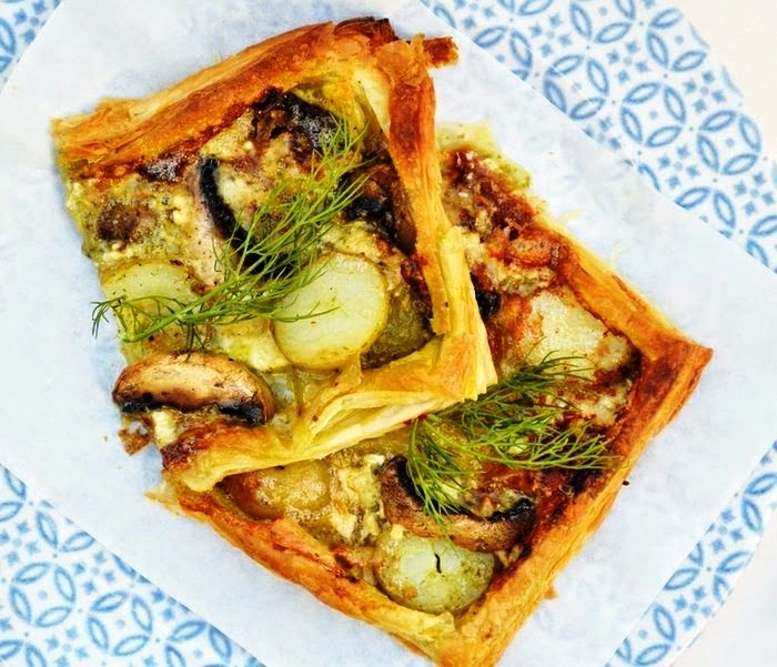 I made this Brie, Potato and Mushroom Tart for dinner tonight. The Brie was well out of date and I really needed to use it up.