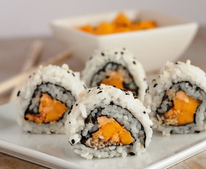 Vegan-inside-out-sushi-with-mango-sesame-panko-sriracha-mayo