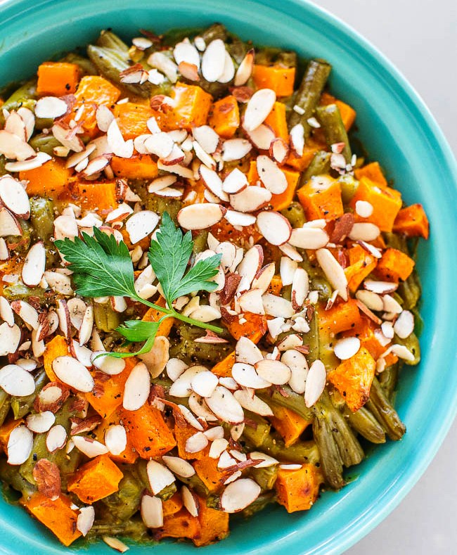 Roasted butternut squash that's incorporated with green beans and sprinkled sliced almonds on top.