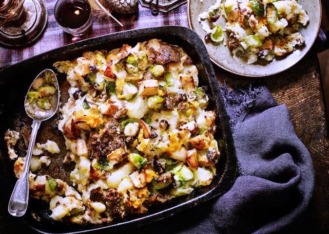 Cook the potatoes and sprouts a couple of days ahead and chill. The bubble and squeak can be assembled and chilled the day before cooking.