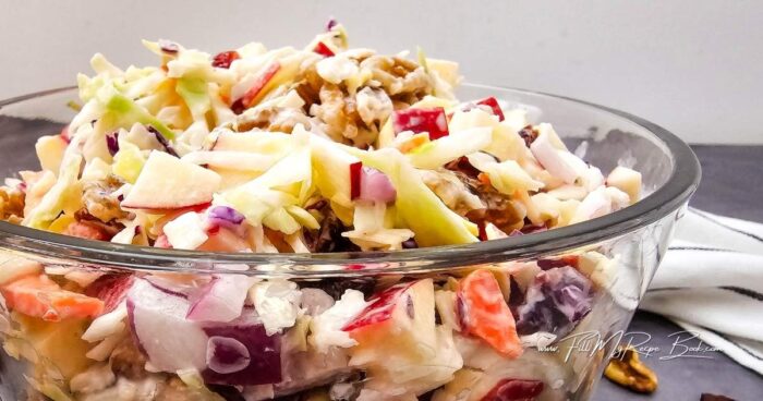 This crisp apple cranberry coleslaw recipe is fresh, crunchy, and lightly sweet. A quick and easy side dish perfect for holidays, and BBQs.