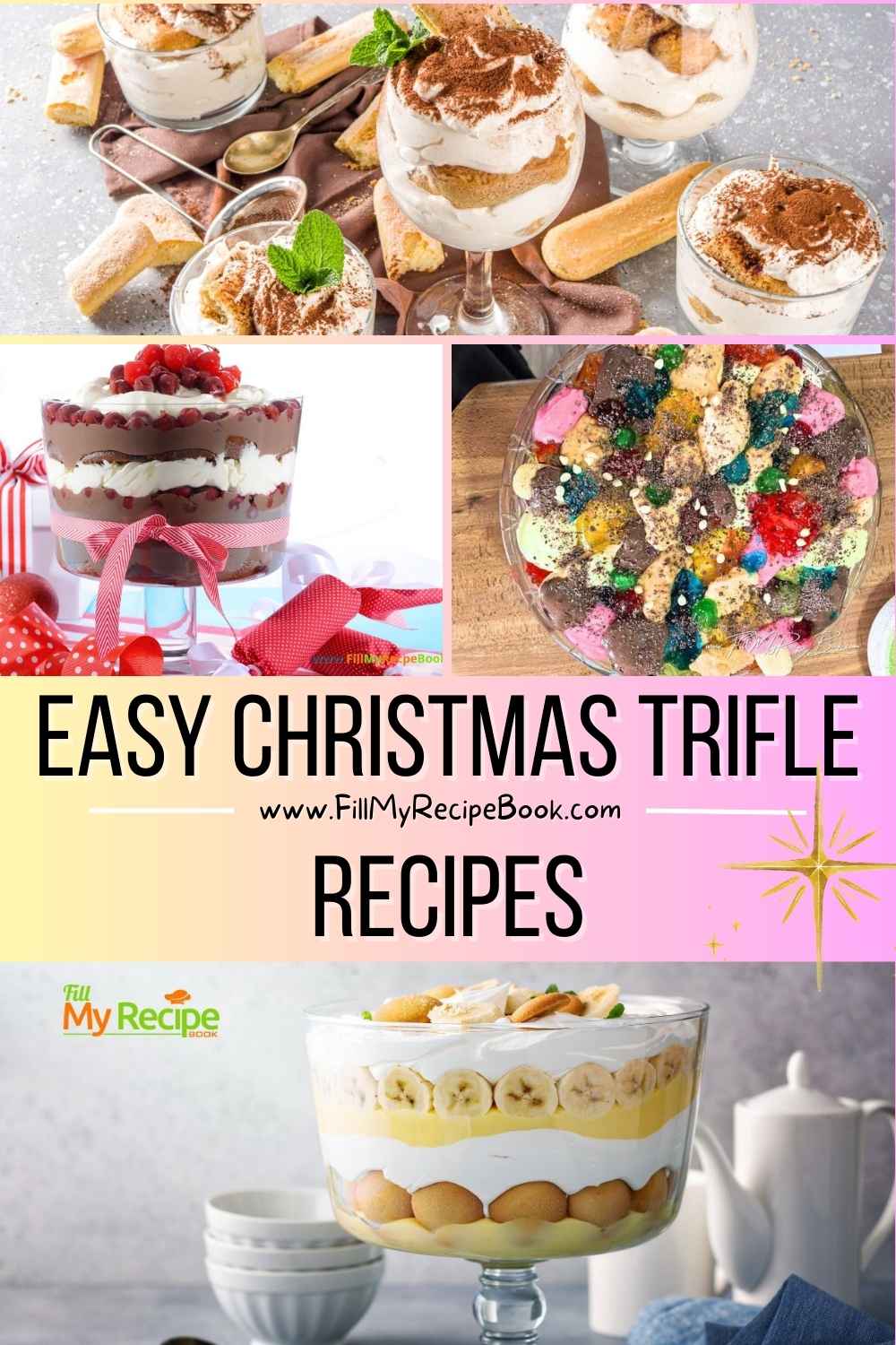 Easy Christmas trifle recipe ideas, including traditional make-ahead holiday desserts like Black Forest bowls and individual tiramisu trifles.