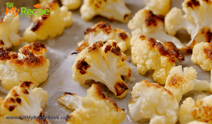 Oven Roasted Cauliflower Florets recipe. A sheet pan oven bake idea for caramalized bites of cauliflower for a delicious veggie for meals.