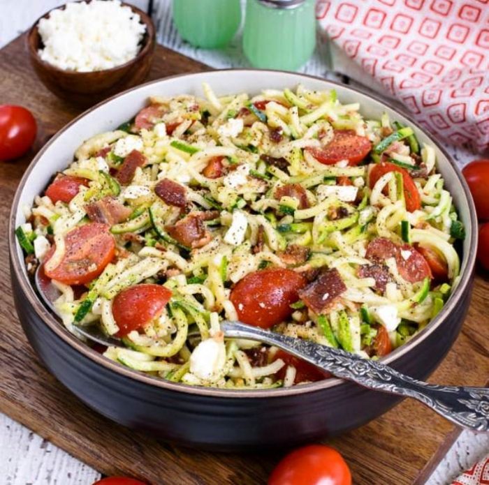 A bowl of this easy BLT Zucchini Salad is a delicious side dish to add to all your summer picnic and dinner plans. You are only a few ingredients away from enjoying a healthy low carb salad for dinner tonight.