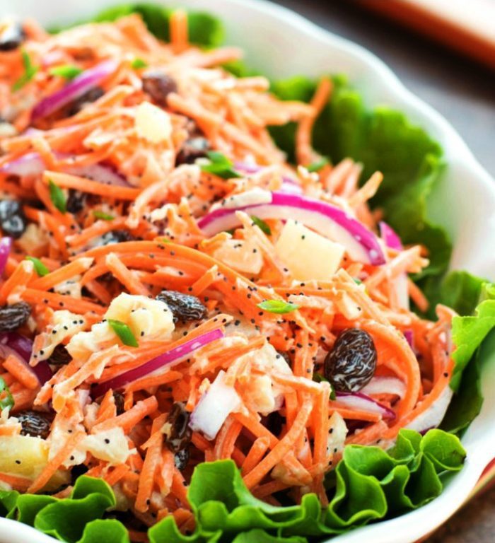 Carrot raisin salad is one of those vintage classic dishes I grew-up eating. This Carrot Raisin Salad with Pineapple takes a bit of a turn from the classic as it features crushed and chunks of pineapple as well as thinly sliced red onion which gives it a bit of a bite. 