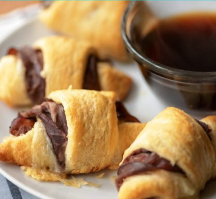 Dinner, lunch, or a great appetizer for Football season. This French Dip Crescents & Simple Au Jus Recipe is a winner every time