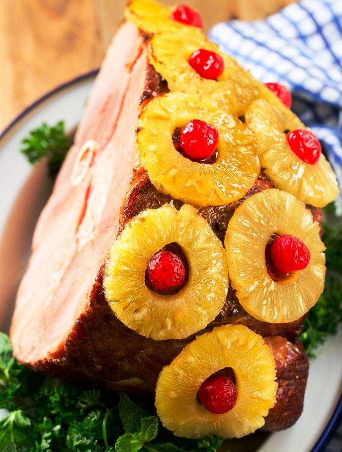 Pineapple and ham are a classic flavor combination that never goes out of style. This is my favorite version with maraschino cherries and a delectable glaze.