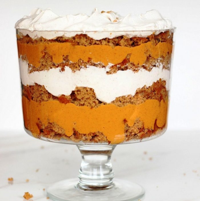 This Pumpkin Butterscotch Spice Cake Trifle is an easy and elegant trifle with layers of pumpkin butterscotch pudding, cinnamon-spiced maple whip cream, and spice cake! This Pumpkin Butterscotch Spice Cake Trifle is an amazing fall dessert!