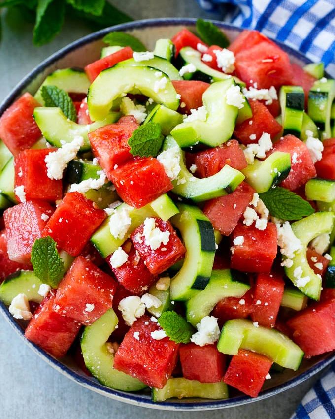 This watermelon salad is full of sliced cucumbers, crumbled feta cheese and mint, all tossed in an easy lime dressing. A simple yet unusual summer salad that’s sure to get rave reviews.