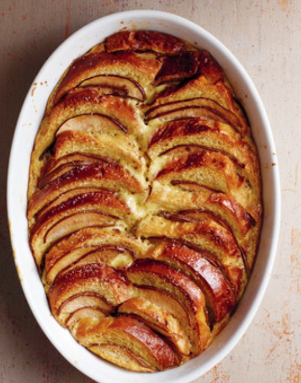 Pear and chocolate brioche bread pudding