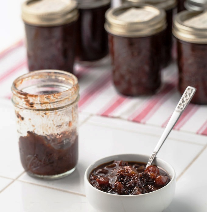 This chutney uses tomatoes as the base and includes Vidalia onions, apples, and raisins. The flavor comes from apple cider vinegar, molasses, and five different spices. It makes the whole house smell delicious!